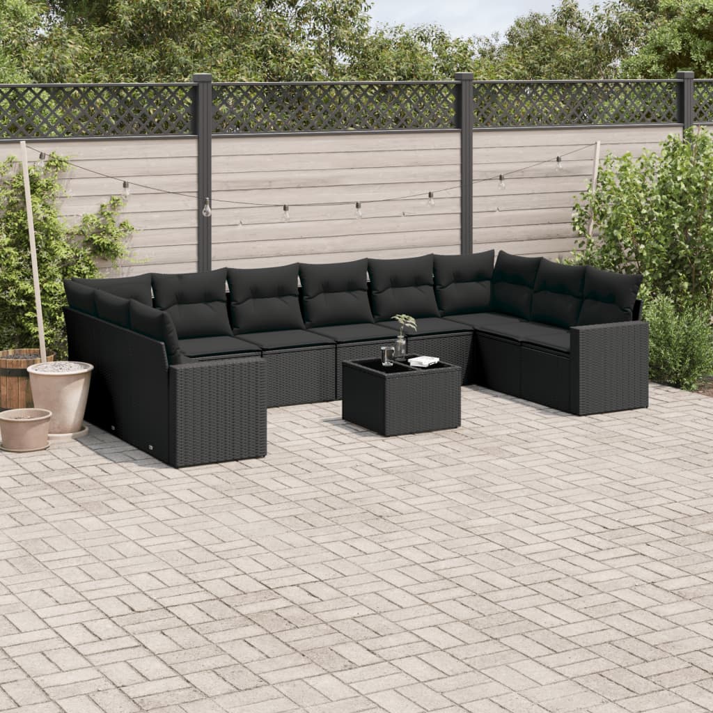 11-tlg. Garten-Sofagarnitur mit Kissen Schwarz Poly Rattan 11-tlg. Garten-Sofagarnitur mit Kissen Schwarz Poly Rattan