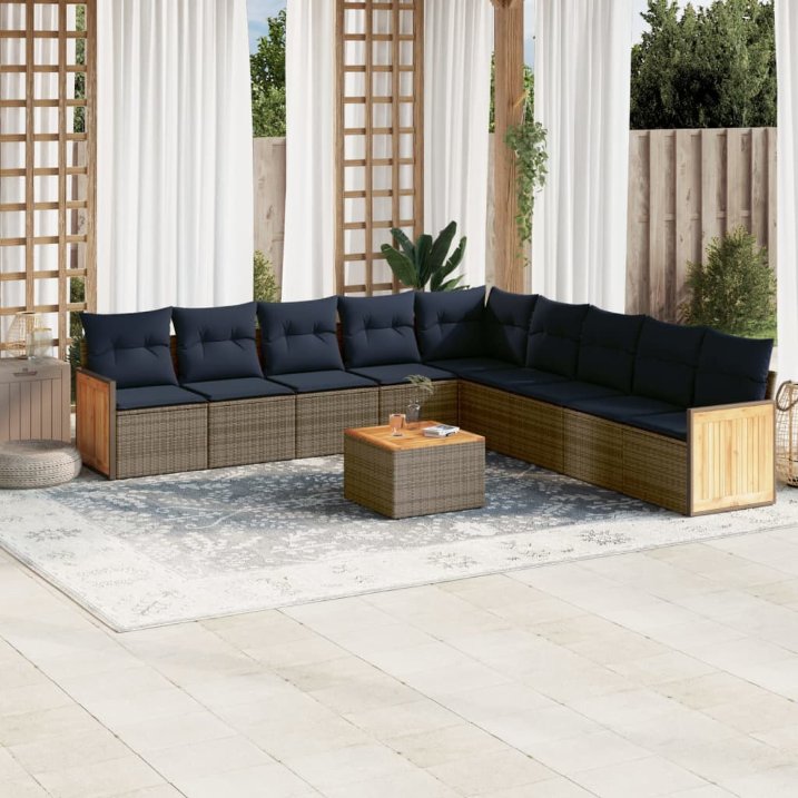 10-teiliges Gartensofa-Set mit Kissen, grau, Polyrattan 10-teiliges Gartensofa-Set mit Kissen, grau, Polyrattan