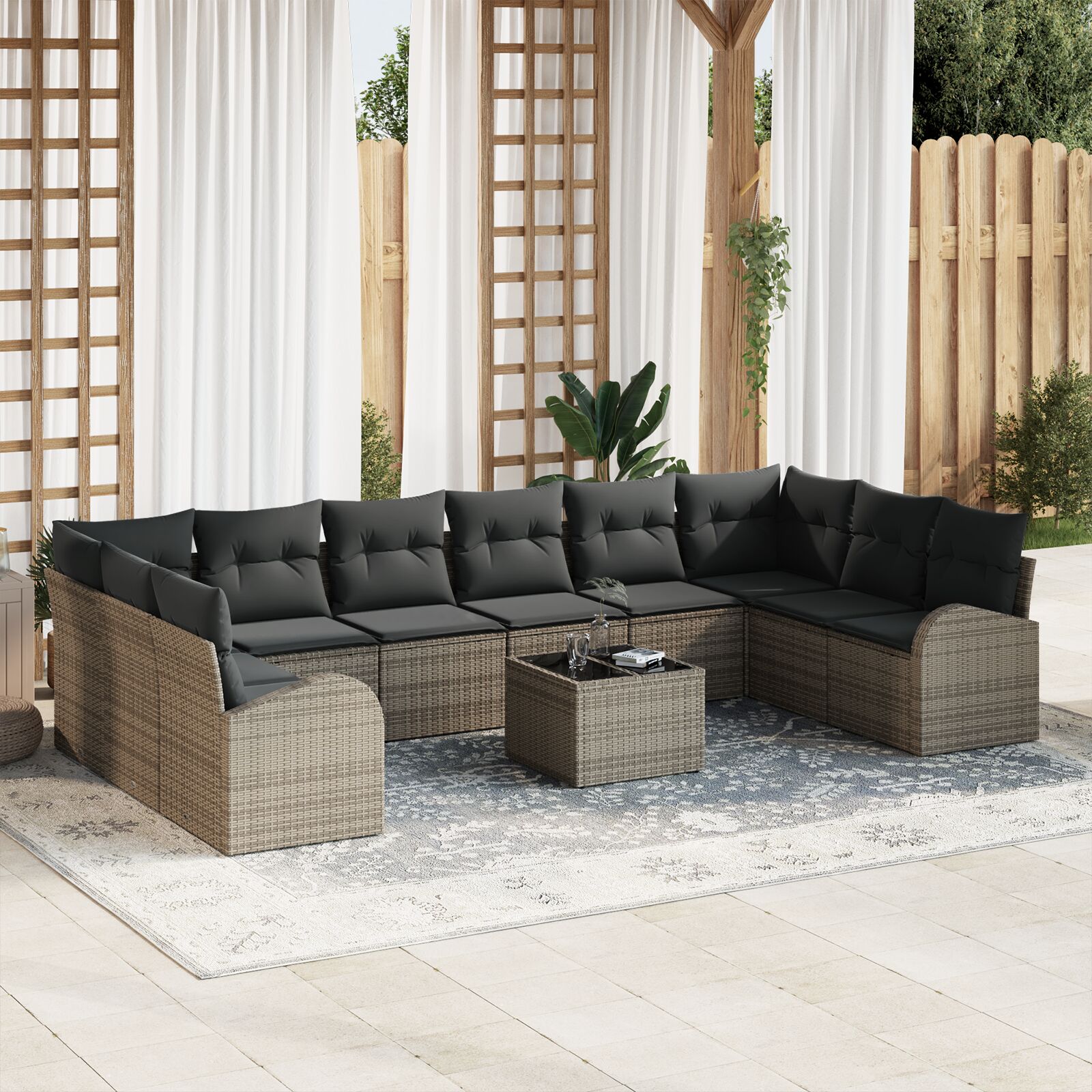 10-teiliges Garten Sofa Set mit Kissen Schwarz Poly Rattan