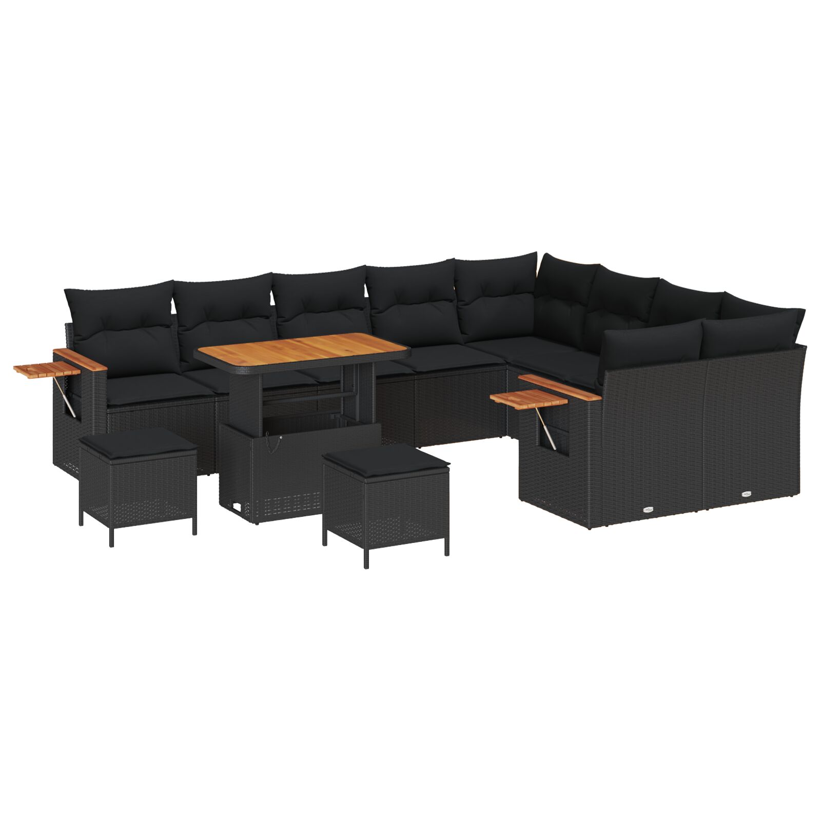12-teiliges Garten Sofa Set mit Kissen Schwarz Poly Rattan Akazie, 3-teiliges Garten Essset mit Kissen Schwarz Poly Rattan Akazie