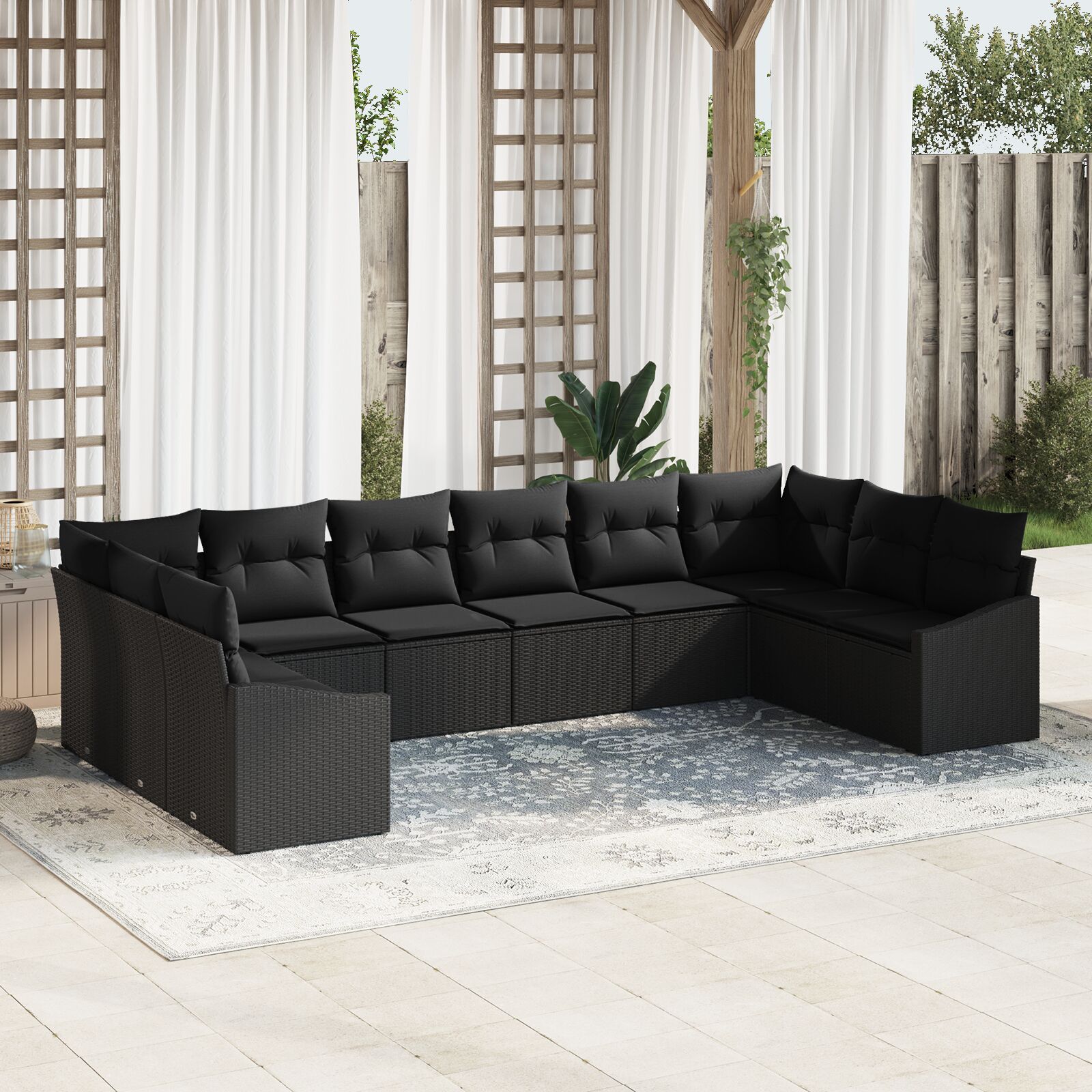 10-teiliges Garten Sofa Set mit Kissen Schwarz Poly Rattan