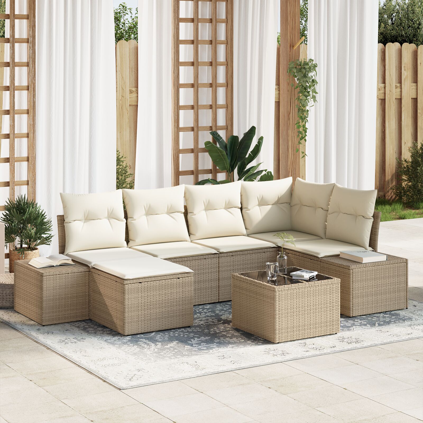 7-teiliges Garten Sofa Set mit Kissen in braunem Poly-Rattan