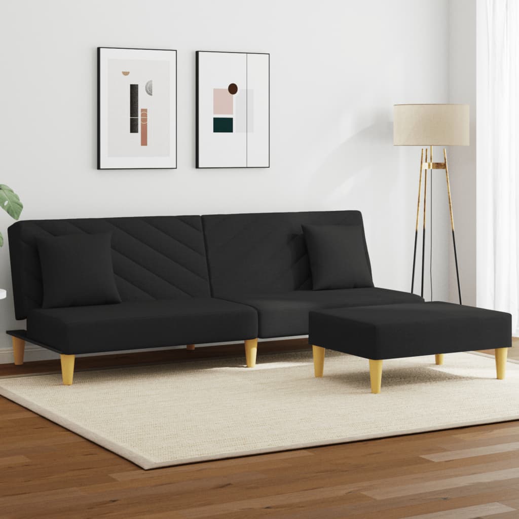 Schlafsofa 2-Sitzer mit Kissen und Fußhocker Schwarz Stoff Schlafsofa 2-Sitzer mit Kissen und Fußhocker Schwarz Stoff