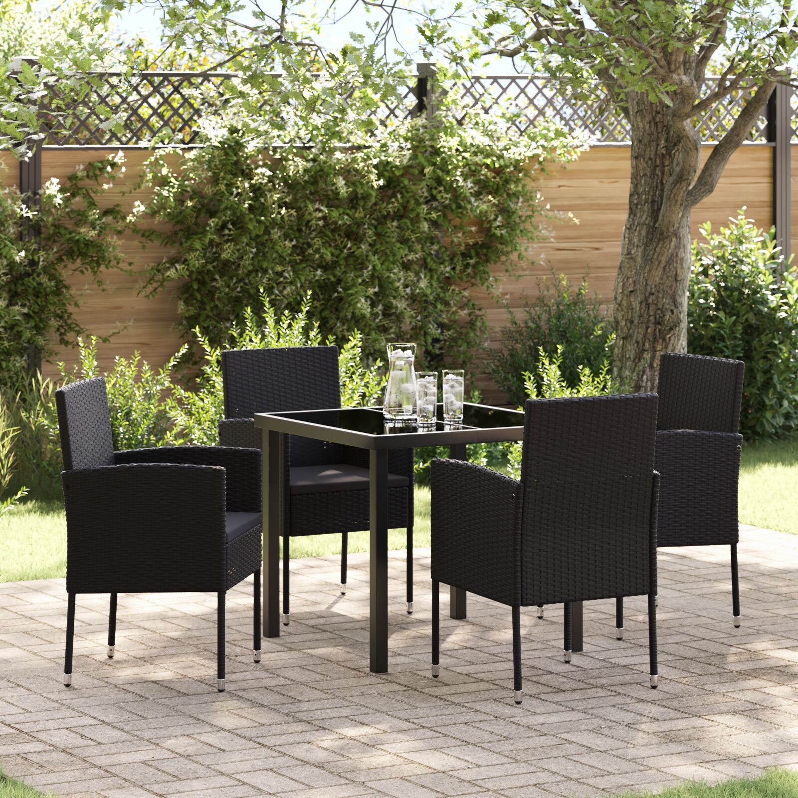 5-teiliges Garten-Ess-Set mit Kissen Schwarz Poly-Rattan