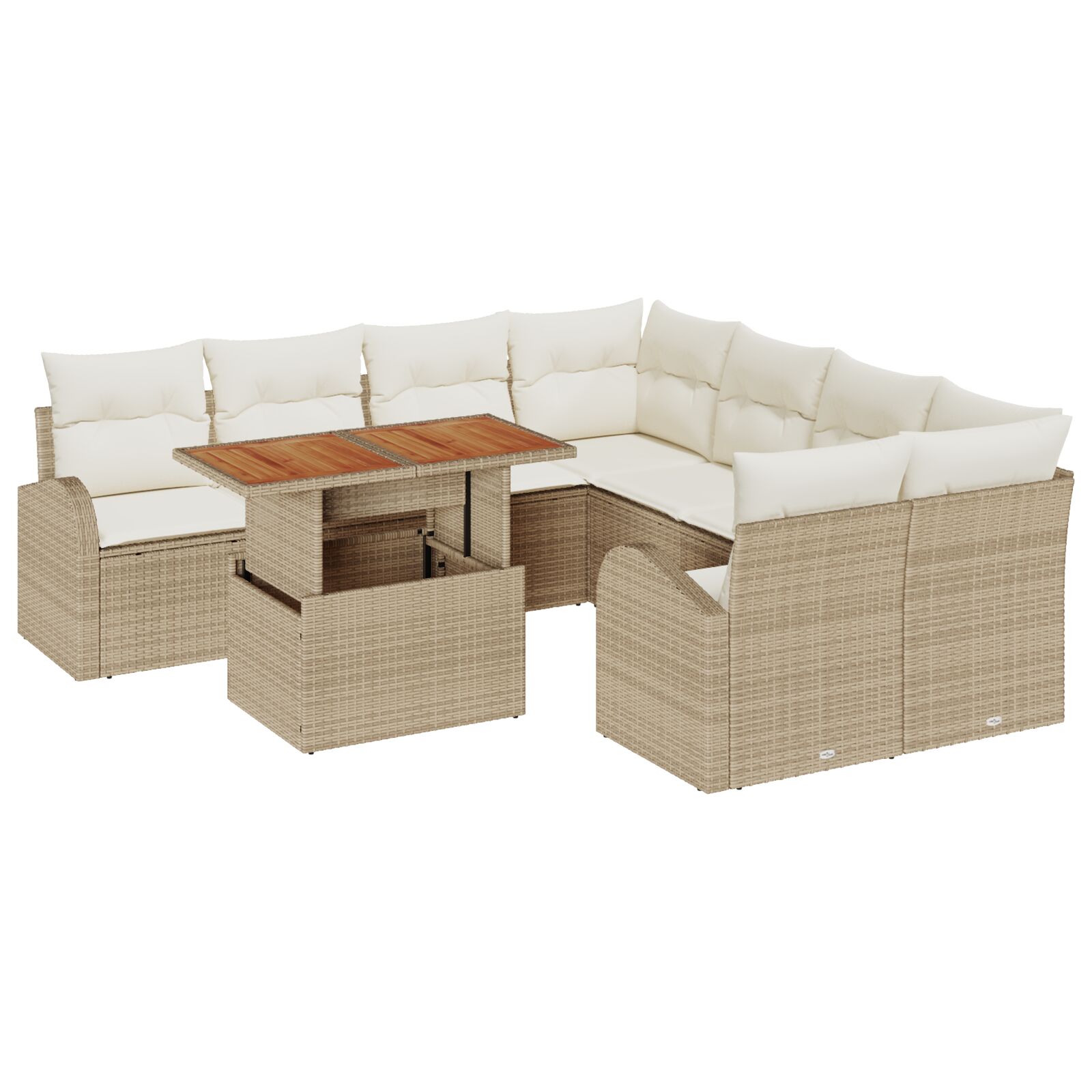 9-teiliges Garten-Sofa-Set mit Kissen Beige Poly Rattan, 2-Sitzer Garten-Sofa mit Stauraum & Kissen Beige Poly Rattan