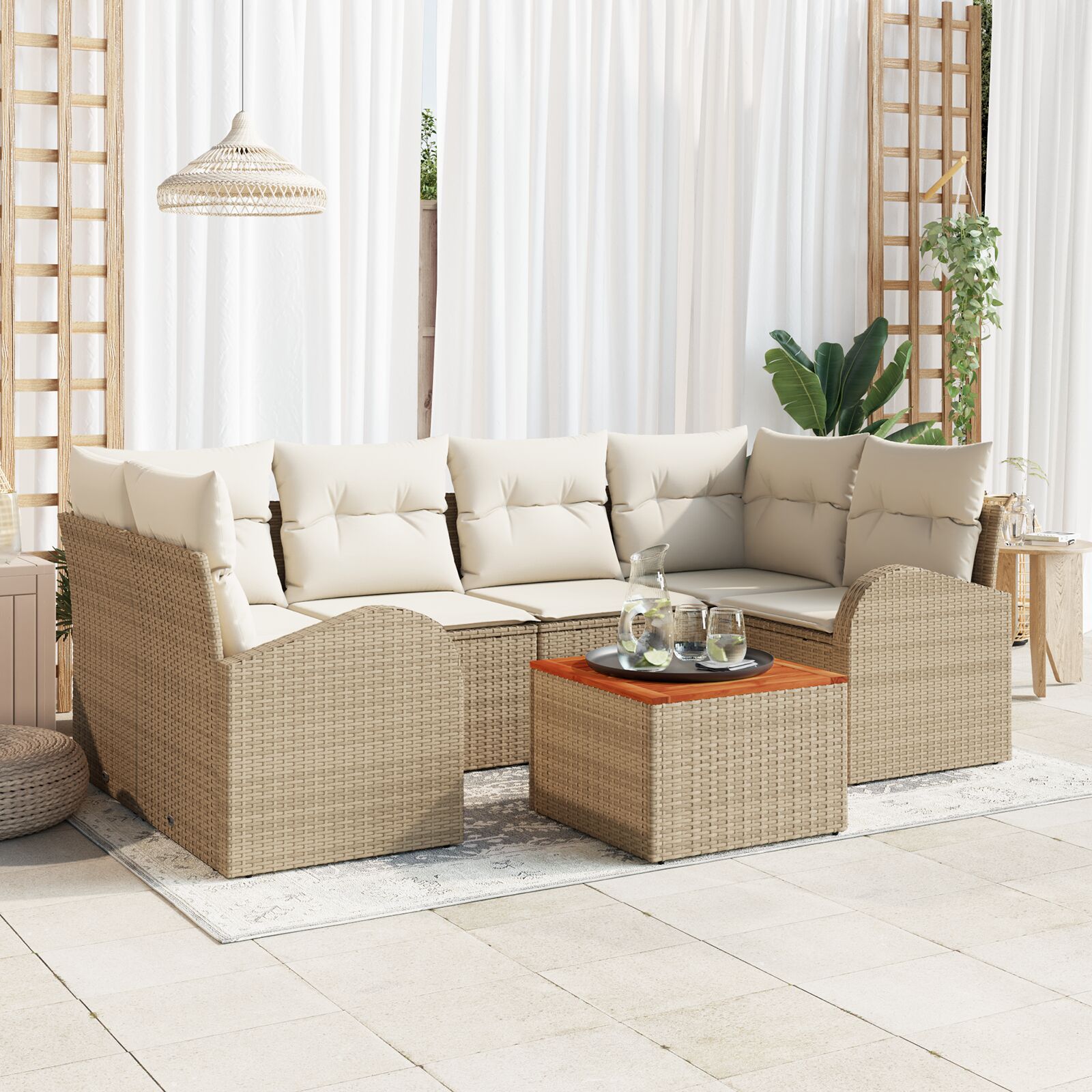 7-teiliges Garten-Sofa-Set mit Kissen Beige Poly Rattan Akazie 7-teiliges Garten-Sofa-Set mit Kissen Beige Poly Rattan Akazie