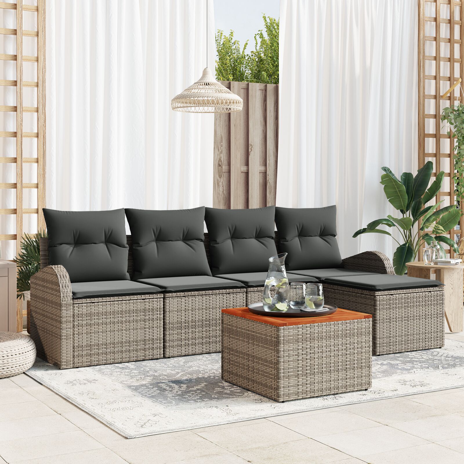6-teiliges Garten Sofa Set mit Kissen Grau Poly Rattan Akazie 6-teiliges Garten Sofa Set mit Kissen Grau Poly Rattan Akazie