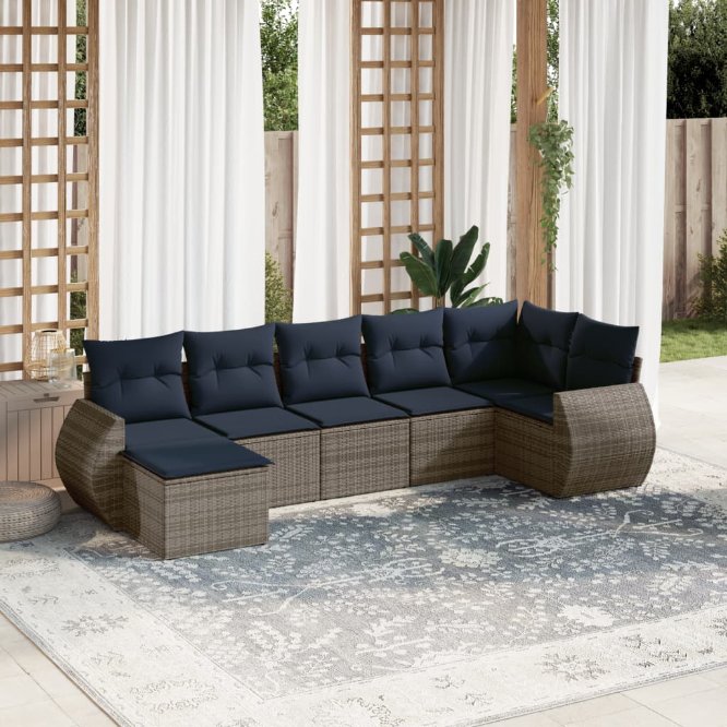 7-teiliges Gartensofa-Set mit Kissen, grau, Polyrattan 7-teiliges Gartensofa-Set mit Kissen, grau, Polyrattan