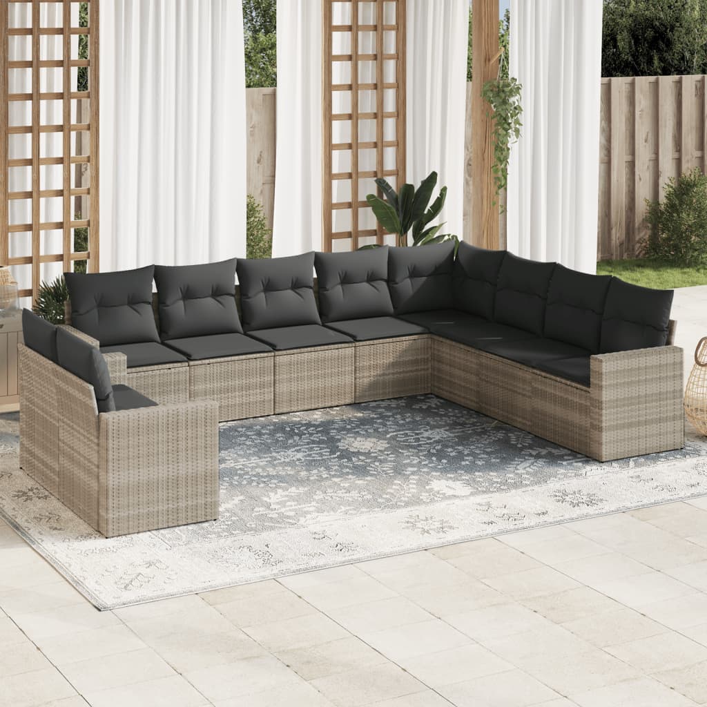 10-tlg. Garten-Sofagarnitur mit Kissen Hellgrau Poly Rattan 10-tlg. Garten-Sofagarnitur mit Kissen Hellgrau Poly Rattan