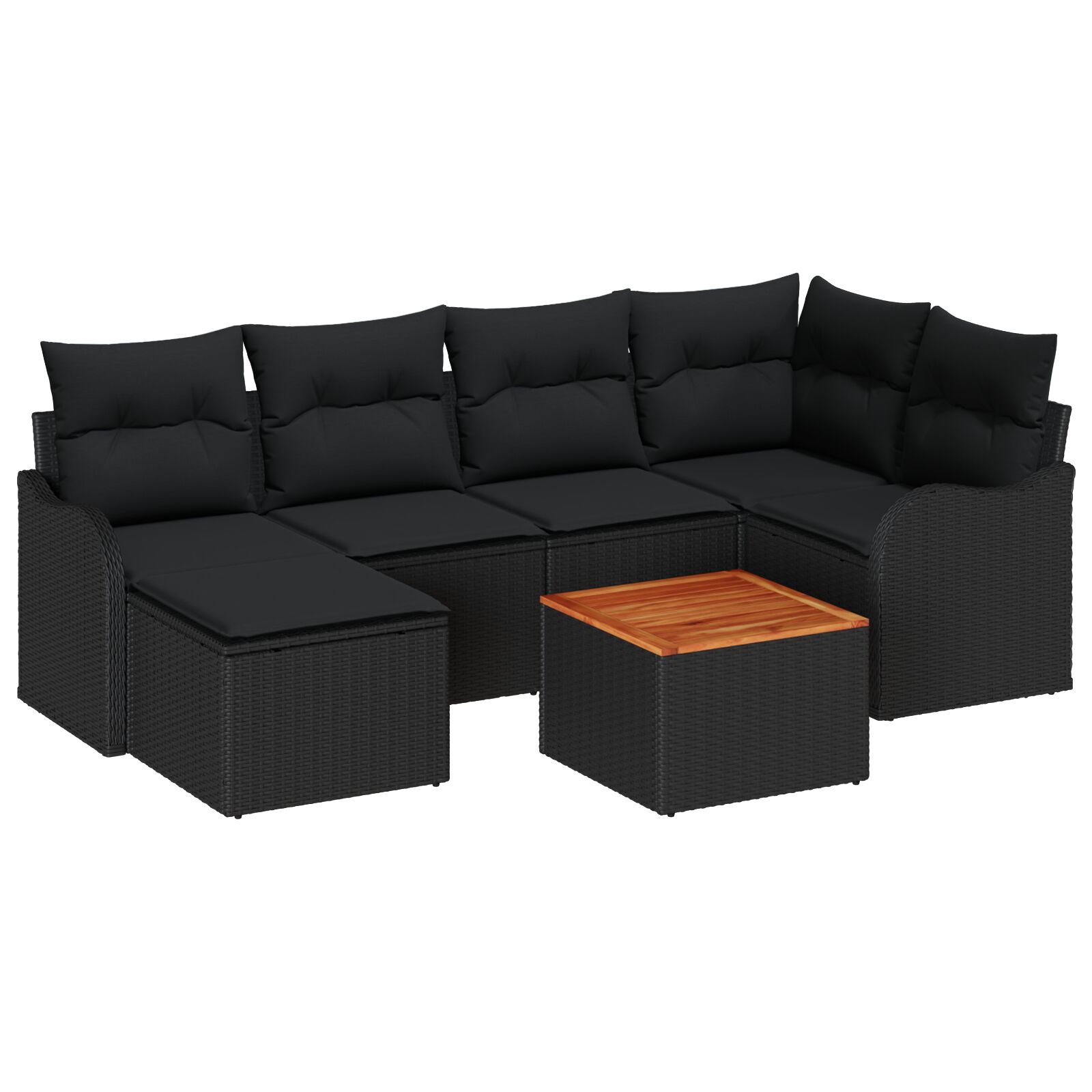 7-teiliges Garten-Sofa-Set mit Kissen Schwarz Poly-Rattan Akazie, 2-Sitzer Garten-Sofa mit Stauraum & Kissen Schwarz Poly-Rattan