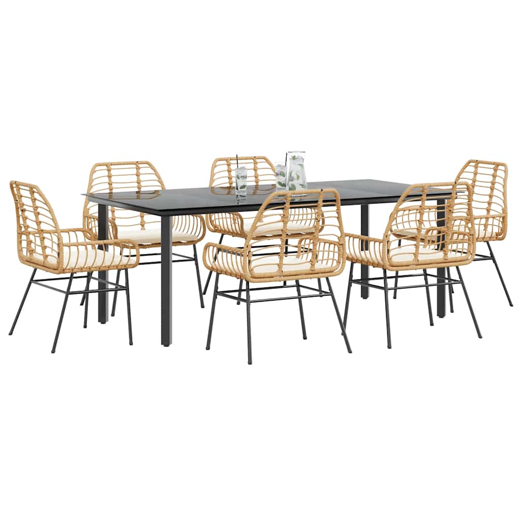 7-tlg. Garten-Essgruppe mit Kissen Braun Poly Rattan Glas 7-tlg. Garten-Essgruppe mit Kissen Braun Poly Rattan Glas