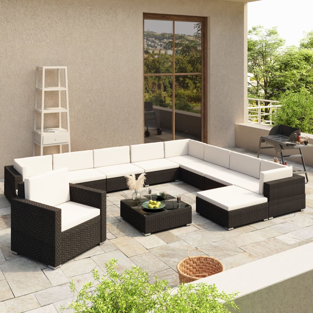 12-tlg. Garten-Lounge-Set mit Auflagen Poly Rattan Schwarz 12-tlg. Garten-Lounge-Set mit Auflagen Poly Rattan Schwarz