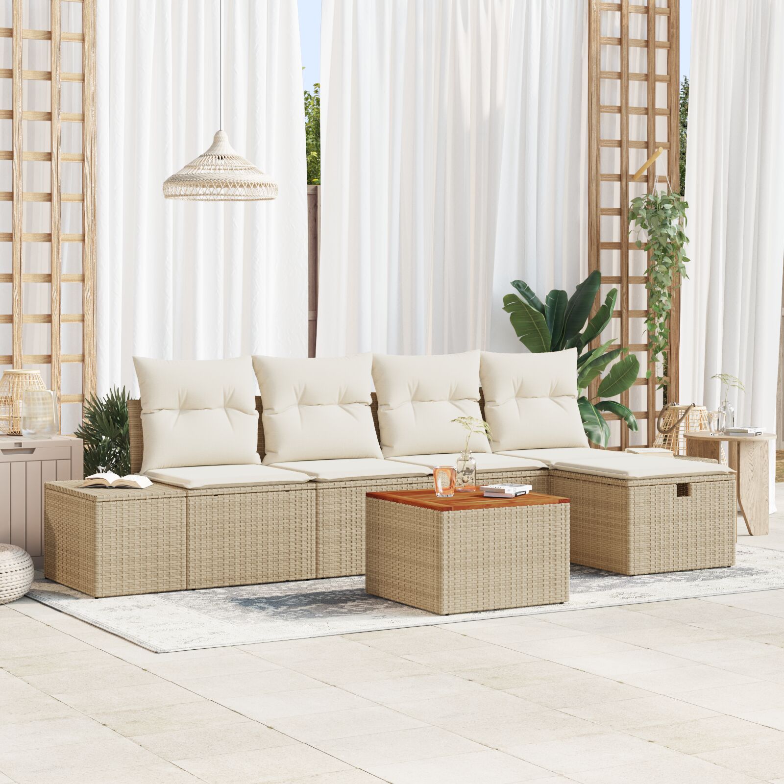 vidaXL Garten Sofa Set 6 Teile Beige Rattan, Polyester, Stahl