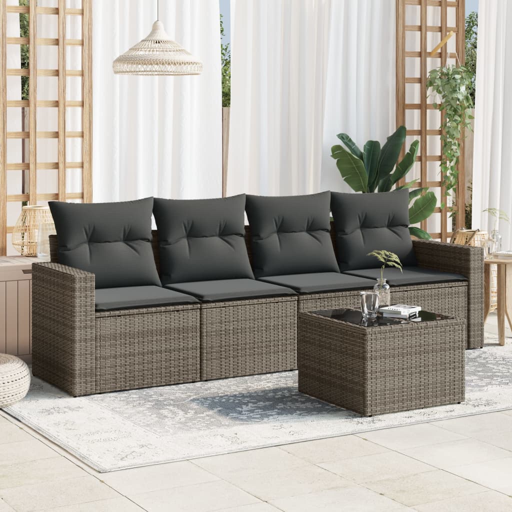 5-tlg. Garten-Sofagarnitur mit Kissen Grau Poly Rattan 5-tlg. Garten-Sofagarnitur mit Kissen Grau Poly Rattan