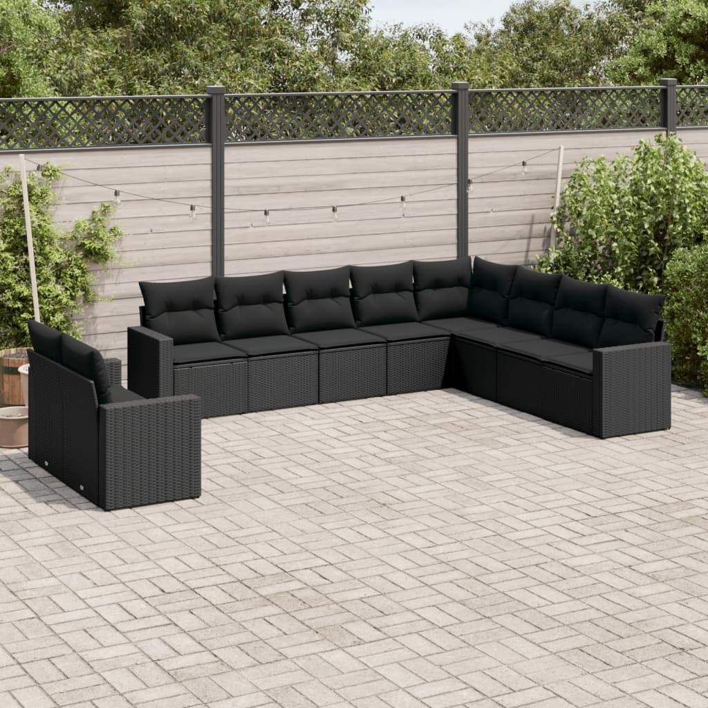 10-tlg. Garten-Sofagarnitur mit Kissen Schwarz Poly Rattan 10-tlg. Garten-Sofagarnitur mit Kissen Schwarz Poly Rattan