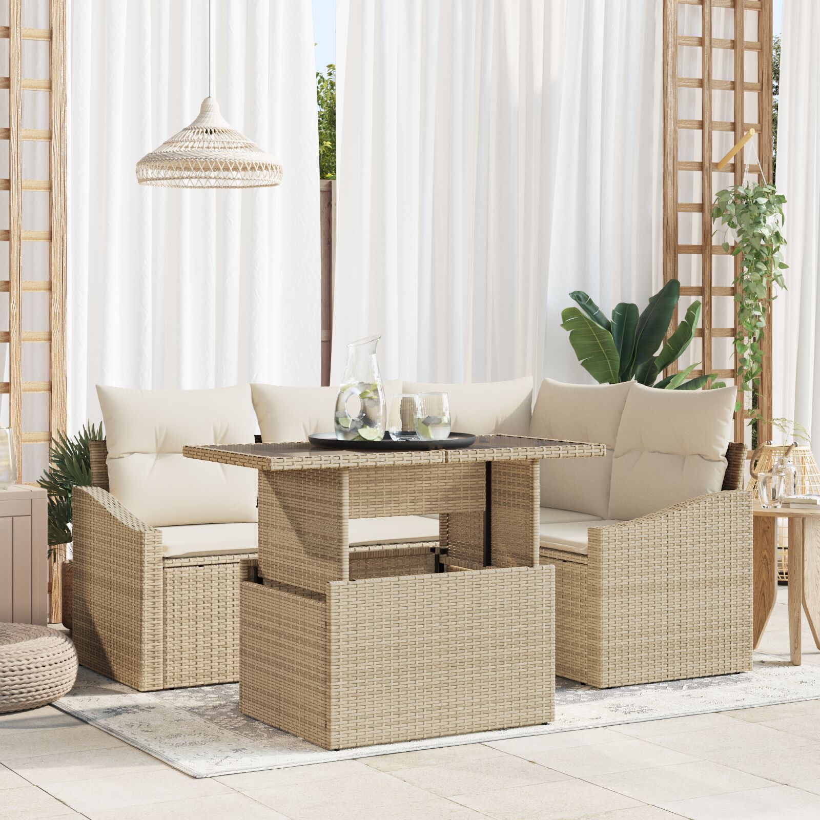 5-Teiliges Garten-Sofa-Set mit Kissen Beige Poly-Rattan 5-Teiliges Garten-Sofa-Set mit Kissen Beige Poly-Rattan