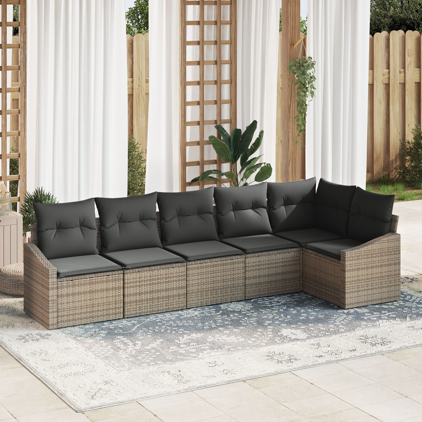 6-teiliges Garten Esszimmer Set mit Kissen Grau Poly Rattan 6-teiliges Garten Esszimmer Set mit Kissen Grau Poly Rattan