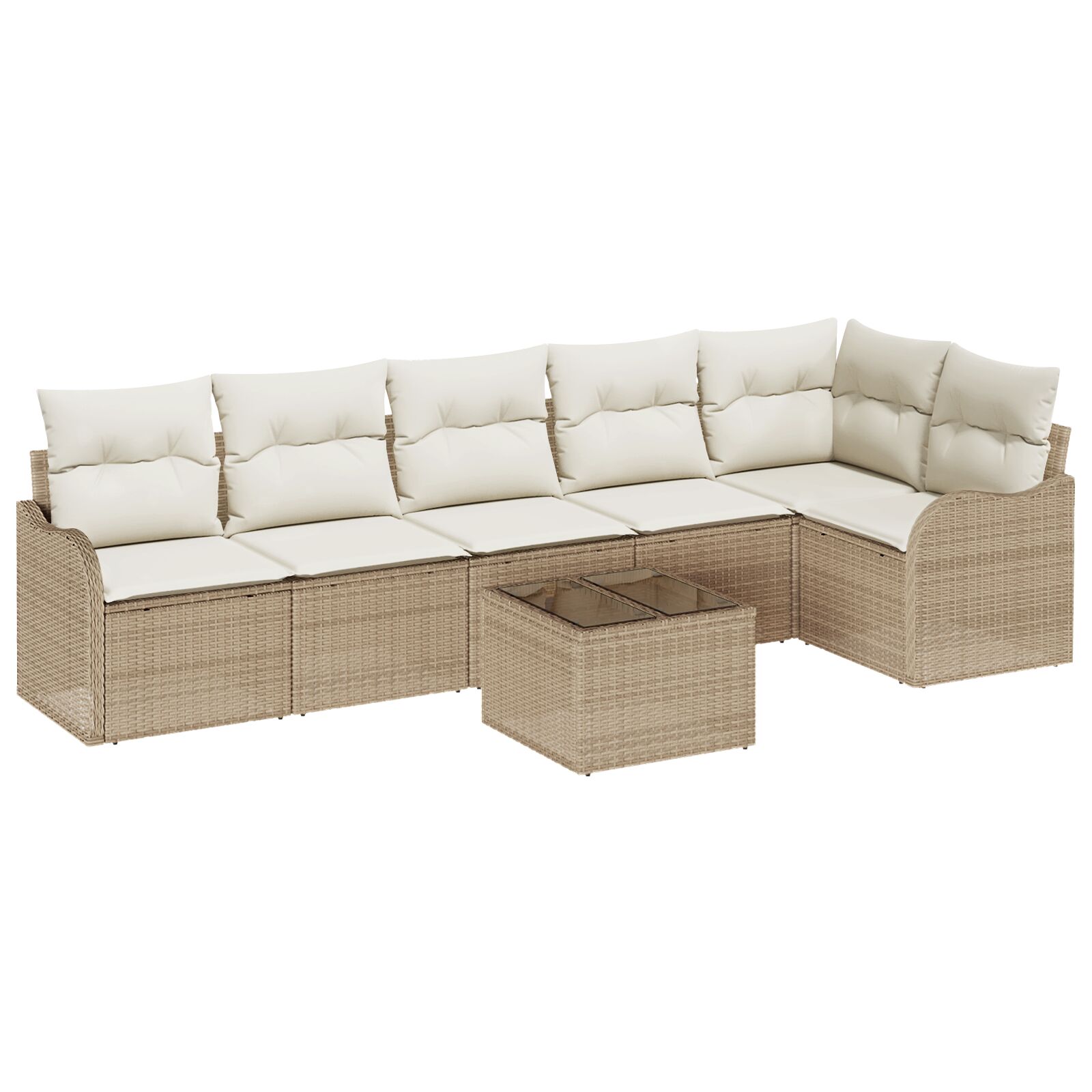 7-teiliges Garten Sofa Set mit Kissen aus braunem Poly Rattan, 2-Sitzer Garten Sofa mit Kissen aus beigem Poly Rattan