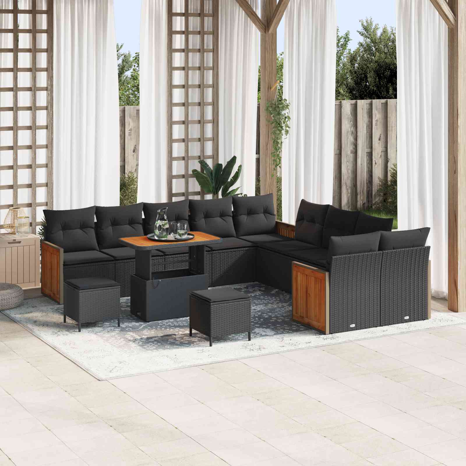 13-teilige Garten Sofa Set mit Kissen Schwarz Poly Rattan Akazie