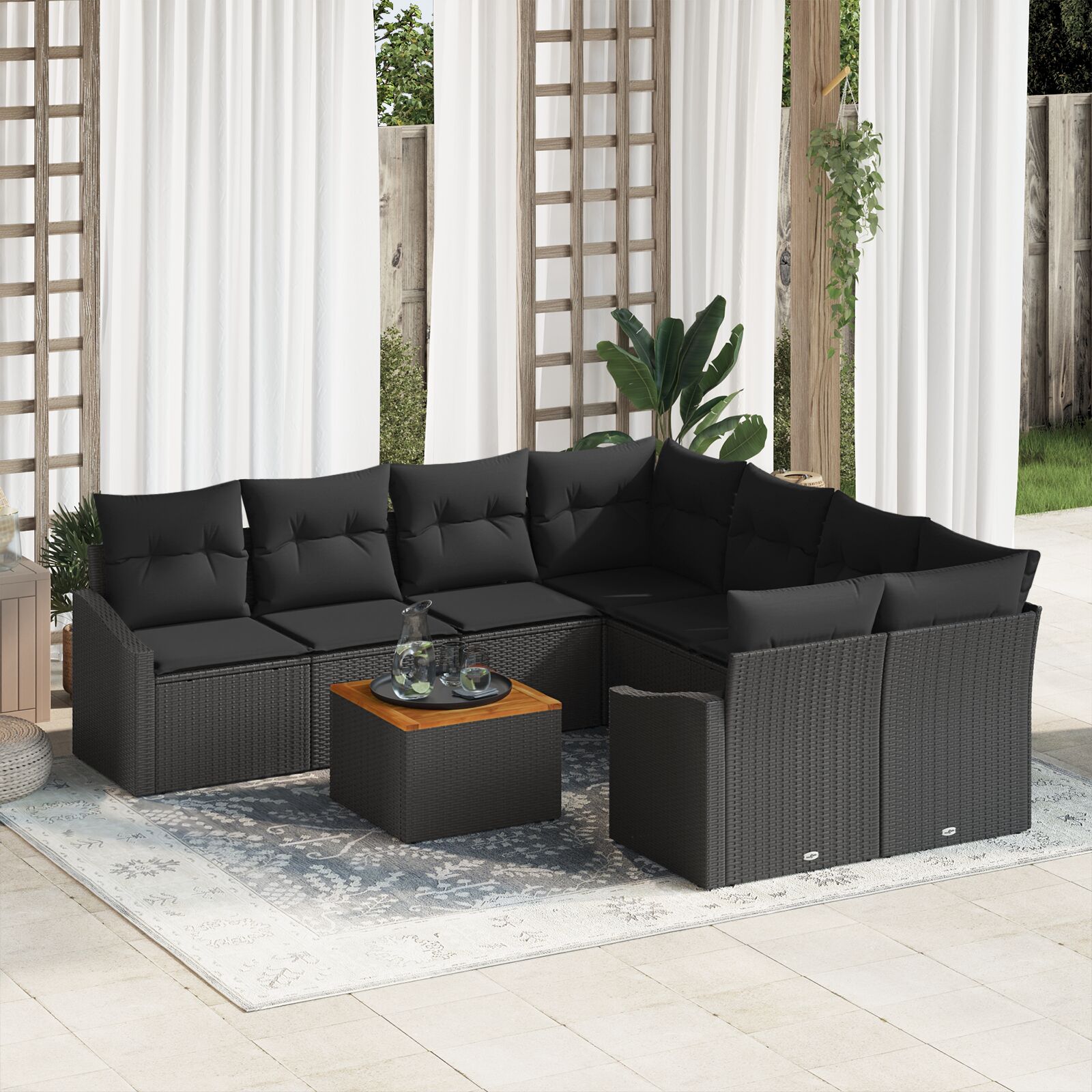 9-teiliges Garten-Sofa-Set mit Kissen Schwarz Polyrattan Akazie 9-teiliges Garten-Sofa-Set mit Kissen Schwarz Polyrattan Akazie