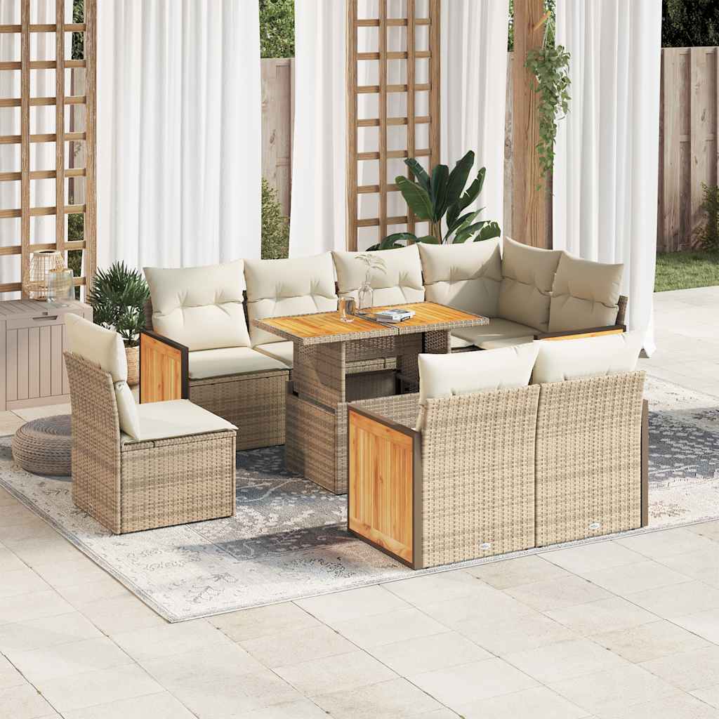 9-tlg. Garten-Sofagarnitur mit Kissen Beige Poly Rattan Akazie 9-tlg. Garten-Sofagarnitur mit Kissen Beige Poly Rattan Akazie
