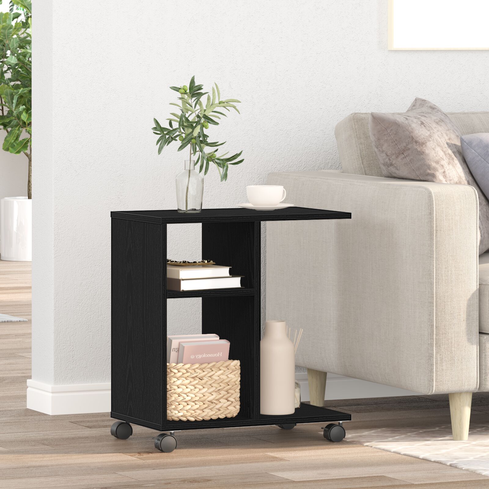 Beistelltisch mit Rollen Schwarz Eiche 50x30x55cm Holzwerkstoff