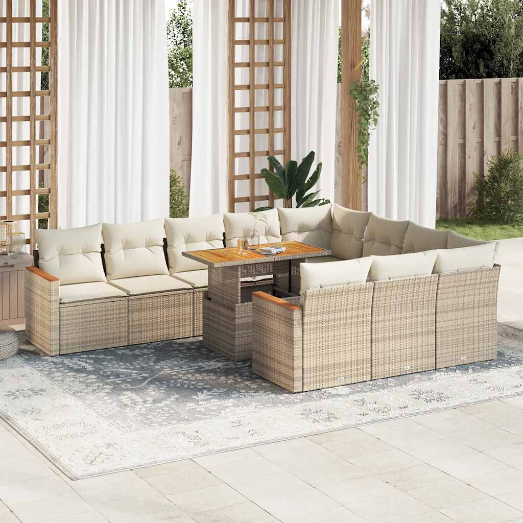 11-tlg. Garten-Sofagarnitur mit Kissen Beige Poly Rattan Akazie 11-tlg. Garten-Sofagarnitur mit Kissen Beige Poly Rattan Akazie