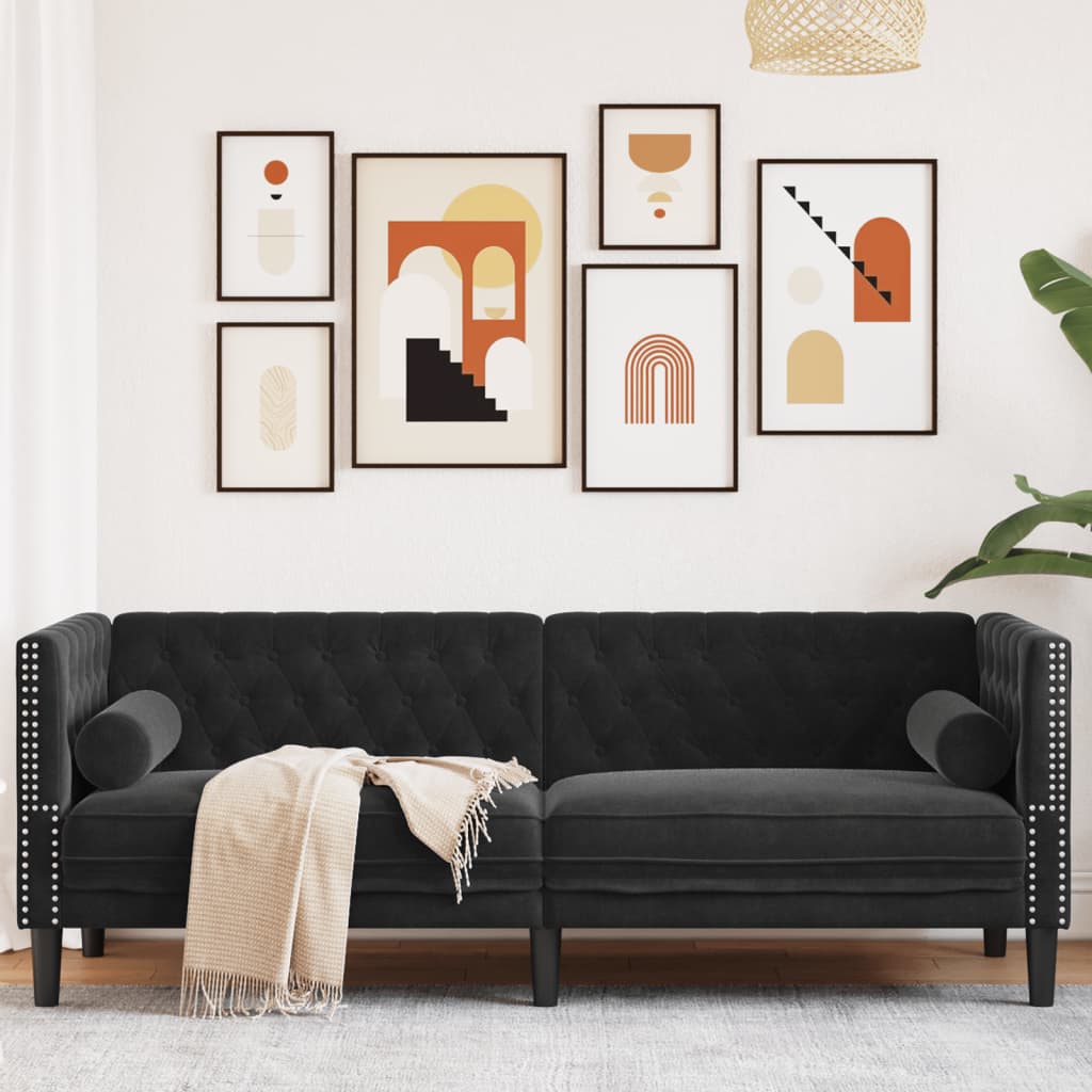 Chesterfield-Sofa mit Nackenrollen 3-Sitzer Schwarz Samt Chesterfield-Sofa mit Nackenrollen 3-Sitzer Schwarz Samt