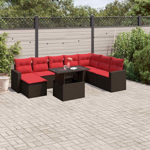 9-teiliges Gartensofa-Set mit Kissen, braun, Polyrattan 9-teiliges Gartensofa-Set mit Kissen, braun, Polyrattan