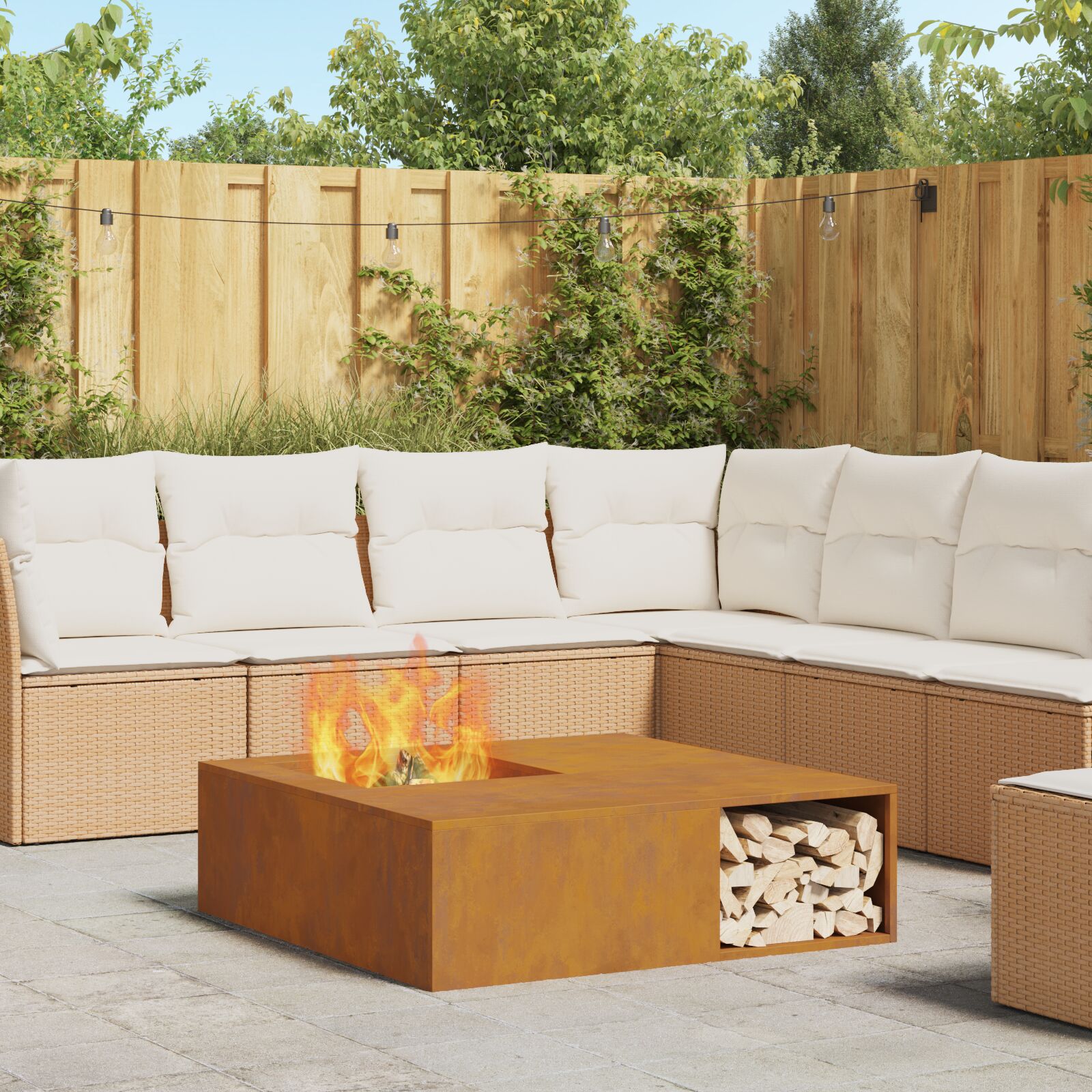 vidaXL Feuerstelle mit Holzlager 100x100x30 cm Wetterstahl