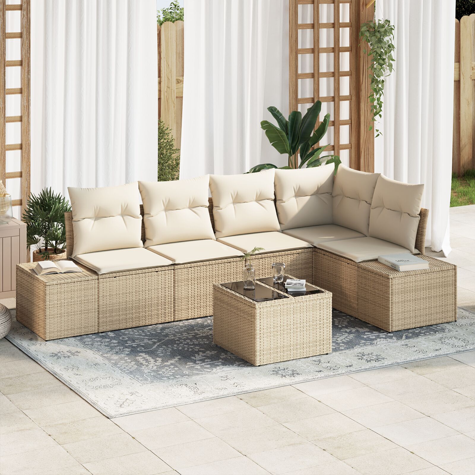 6-teiliges Garten-Sofa-Set mit Kissen Braun Poly Rattan 6-teiliges Garten-Sofa-Set mit Kissen Braun Poly Rattan