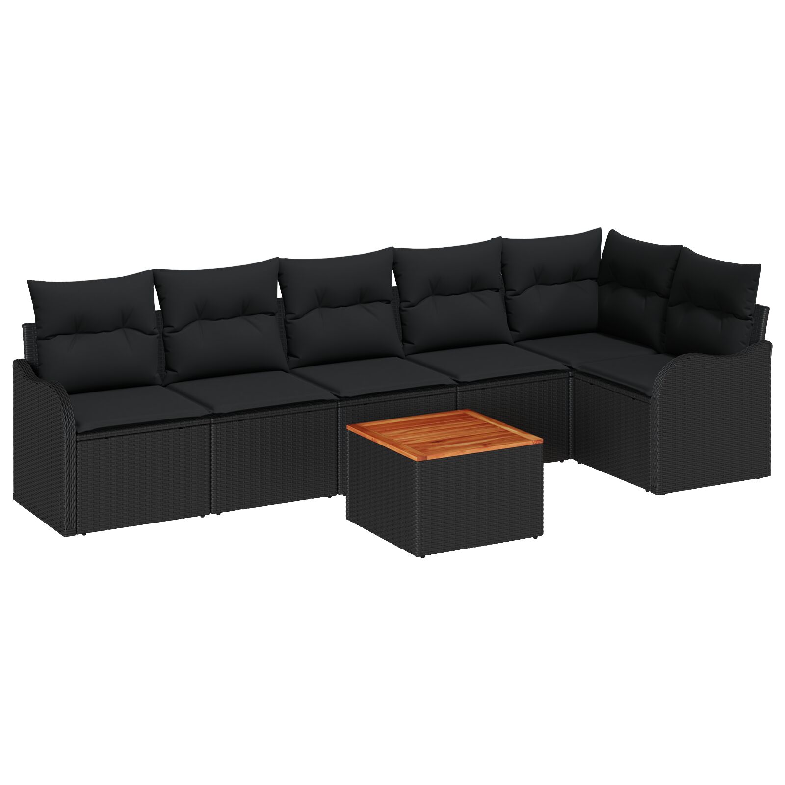 7-teiliges Garten Sofa Set mit Kissen Schwarz Poly Rattan Akazie, 2-Sitzer Garten Sofa mit Stauraum & Kissen Schwarz Poly Rattan
