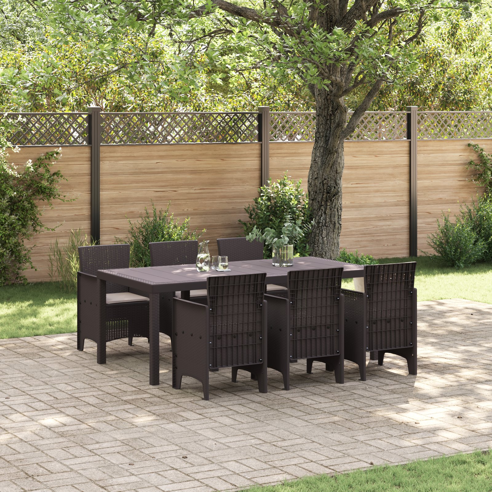 7-teilige Garten Essgruppe mit Kissen Braun Poly Rattan