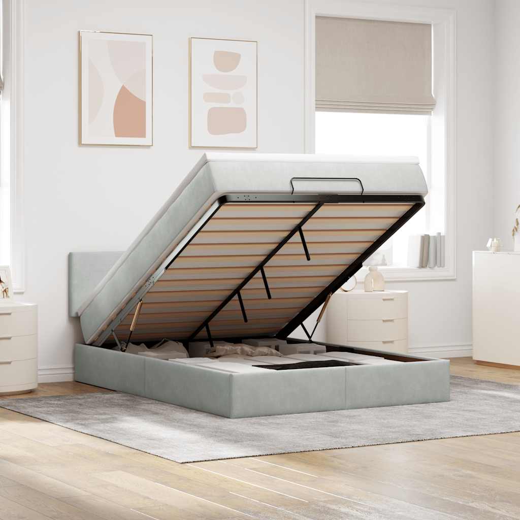 Ottoman-Bett mit Matratze & LEDs Hellgrau 140x200 cm Samt