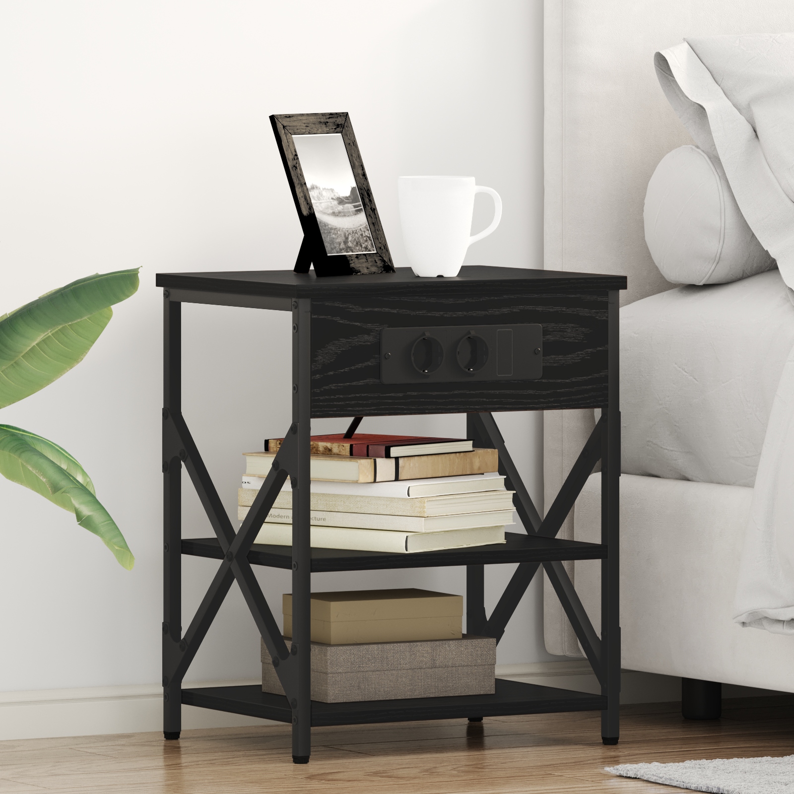 Nachttisch mit Ladestation 2 pcs Schwarze Eiche Holzwerkstoff
