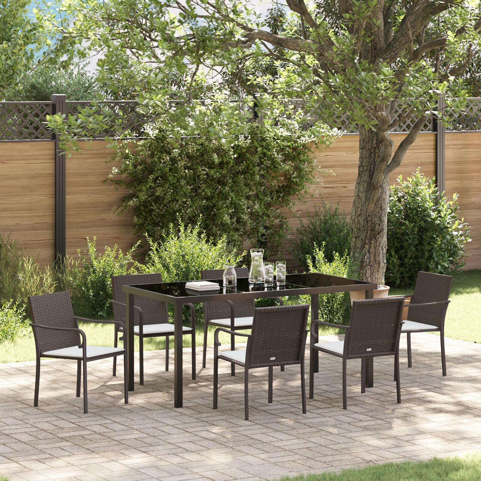 vidaXL 7-teiliges Garten-Esszimmer-Set mit Kissen in Braun aus Poly-Rattan vidaXL 7-teiliges Garten-Esszimmer-Set mit Kissen in Braun aus Poly-Rattan