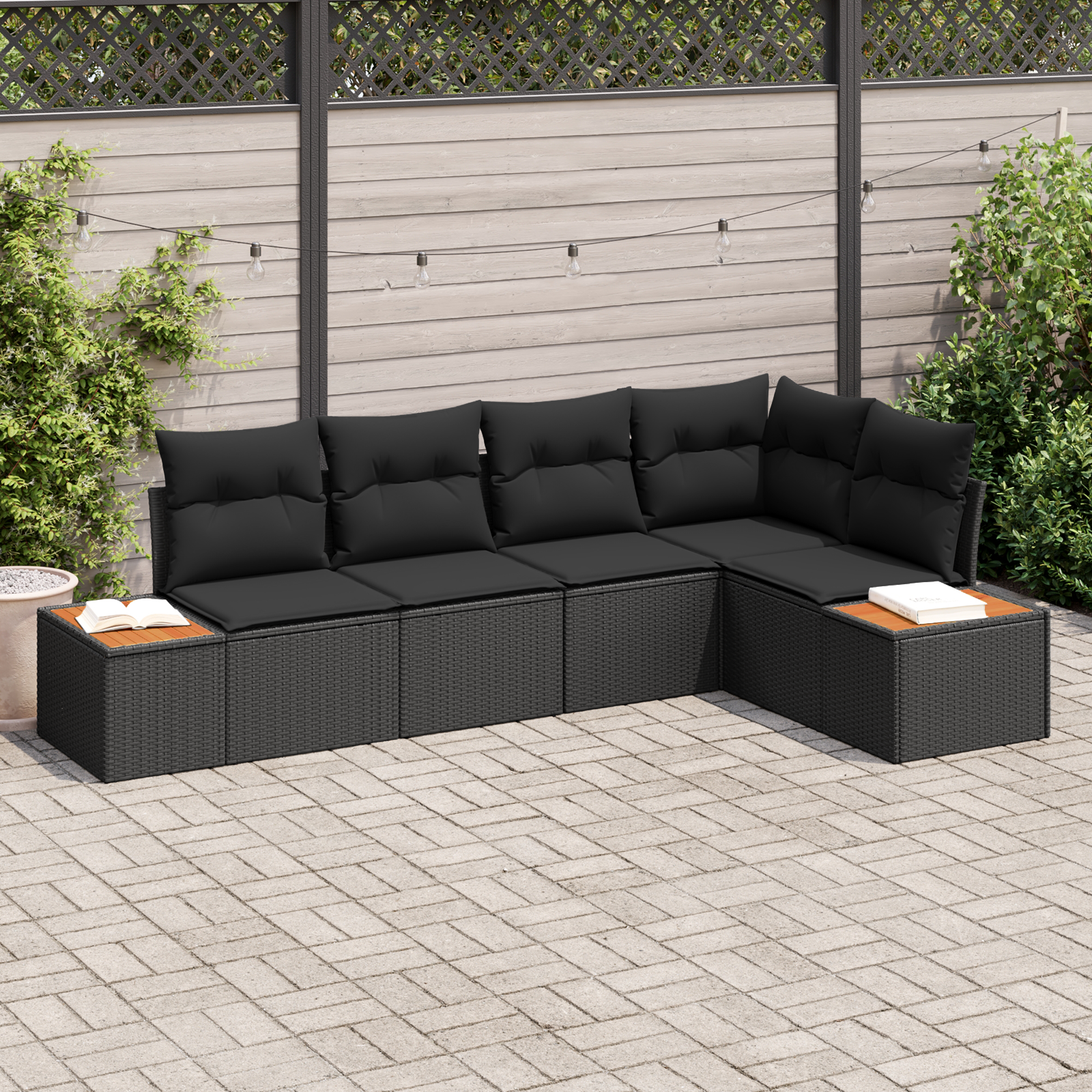 5-teiliges Garten-Sofa-Set mit Kissen Schwarz Poly-Rattan Akazie 5-teiliges Garten-Sofa-Set mit Kissen Schwarz Poly-Rattan Akazie