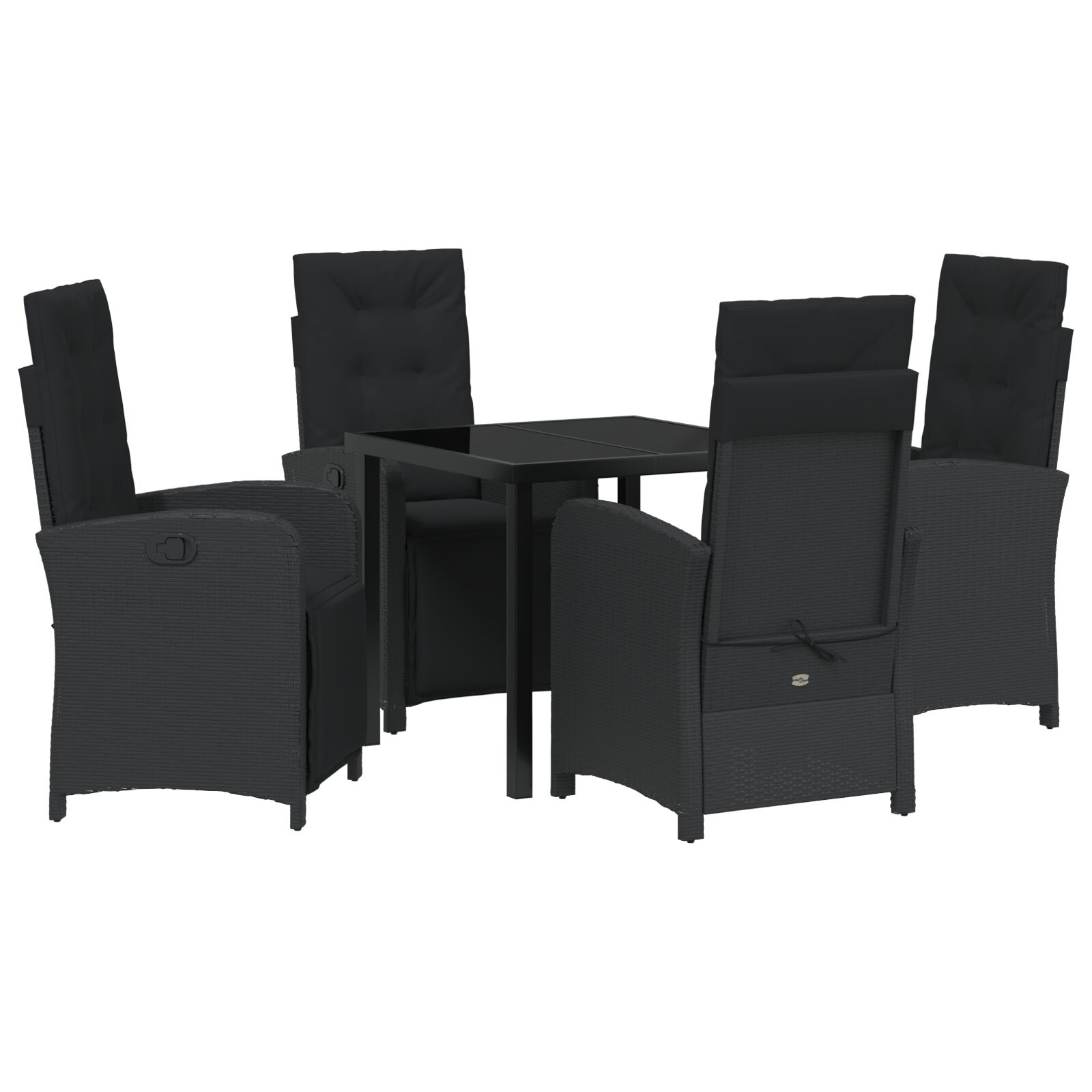 5-teiliges Gartenessset mit Kissen in Schwarz aus Poly-Rattan, Gartentisch Schwarz 80x80x73 cm mit Sicherheitsglas