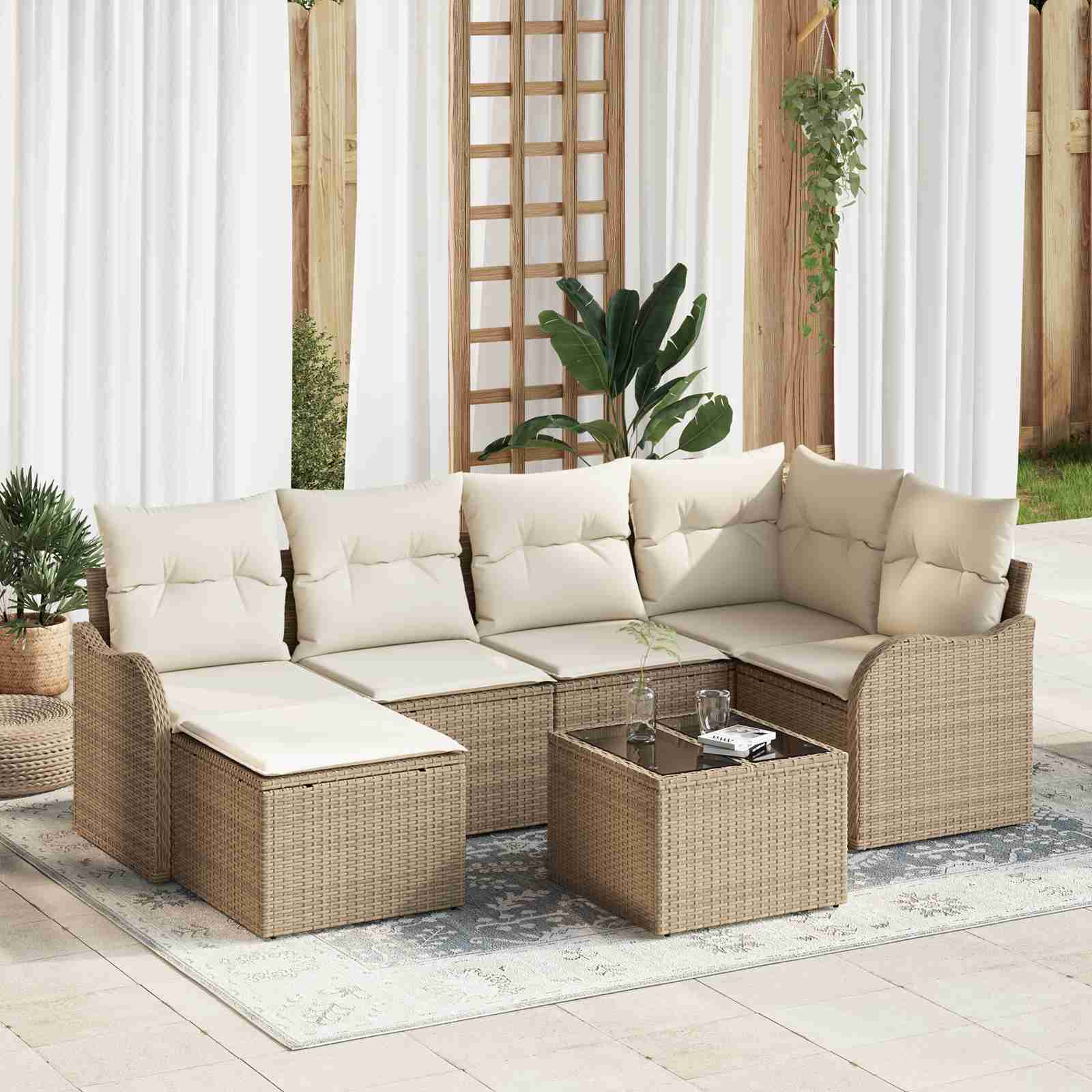 7-teiliges Garten Sofa Set mit Kissen Braun Poly Rattan 7-teiliges Garten Sofa Set mit Kissen Braun Poly Rattan