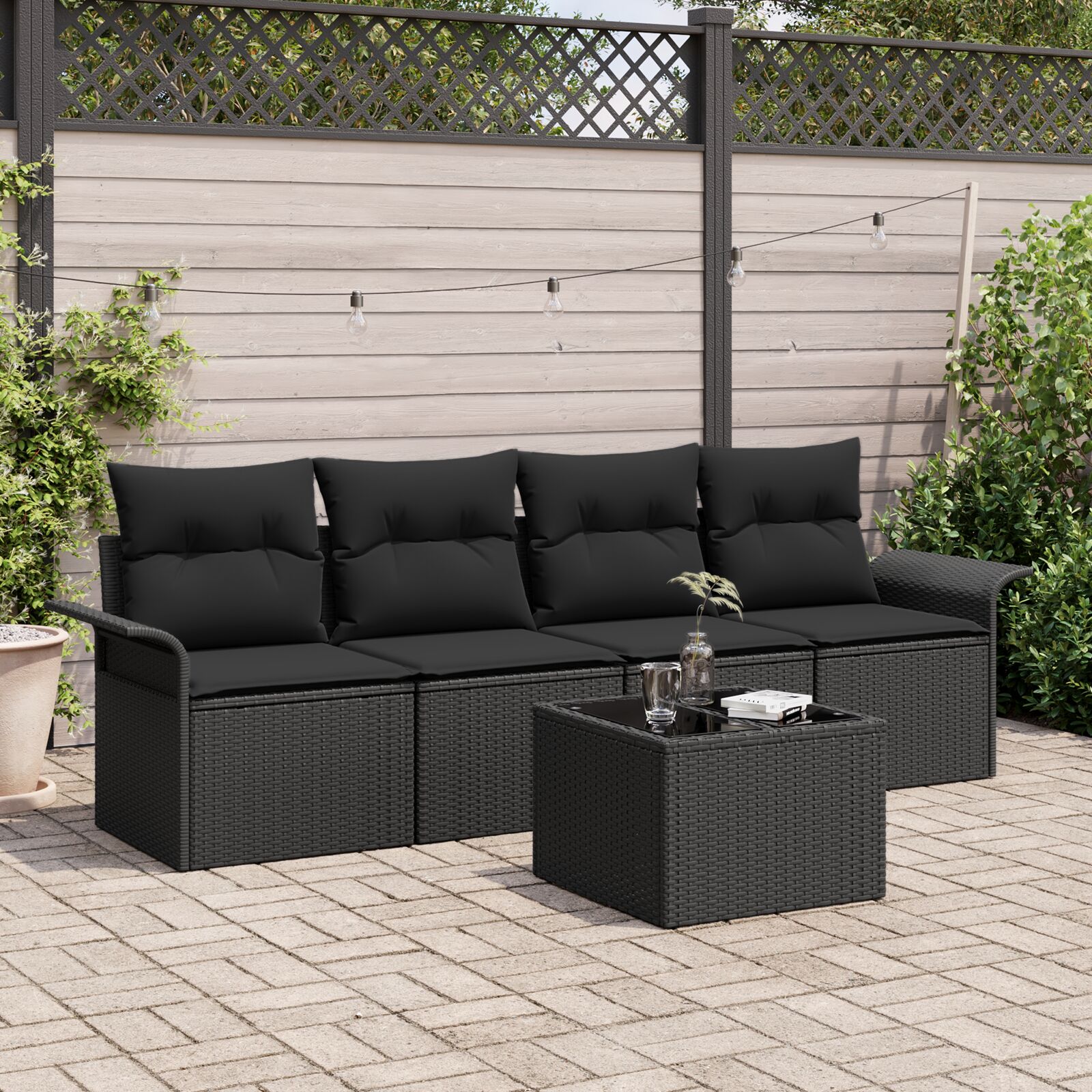 5-teiliges Garten-Sofa-Set mit Kissen Schwarz Poly-Rattan 5-teiliges Garten-Sofa-Set mit Kissen Schwarz Poly-Rattan