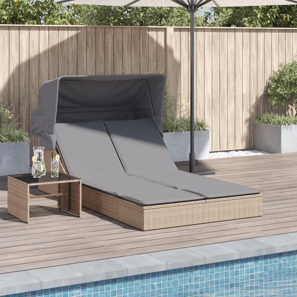 Doppel-Sonnenliege mit Dach und Auflagen Beige Poly Rattan Doppel-Sonnenliege mit Dach und Auflagen Beige Poly Rattan
