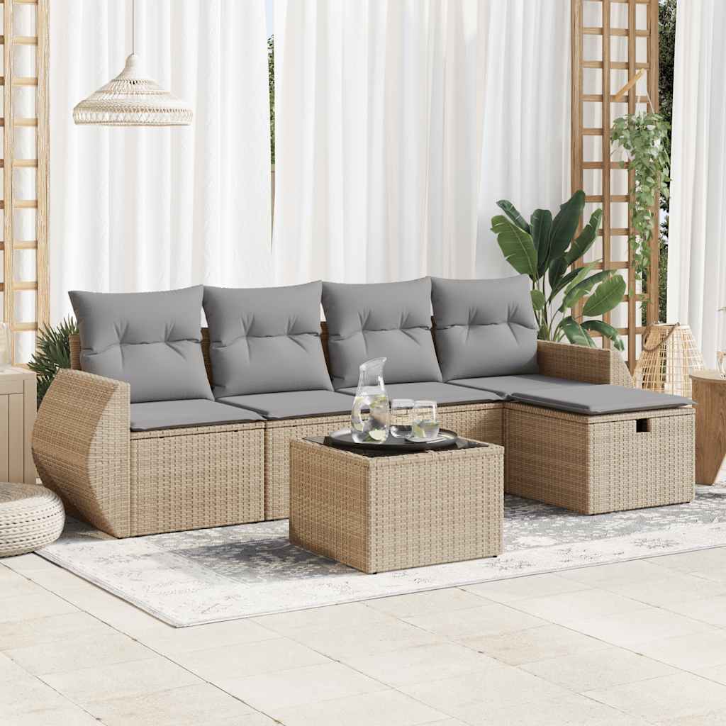6-tlg. Garten-Sofagarnitur mit Kissen Beige Poly Rattan 6-tlg. Garten-Sofagarnitur mit Kissen Beige Poly Rattan