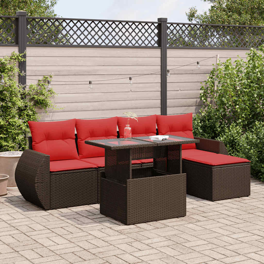 6-tlg. Garten-Sofagarnitur mit Kissen Braun Poly Rattan Akazie 6-tlg. Garten-Sofagarnitur mit Kissen Braun Poly Rattan Akazie