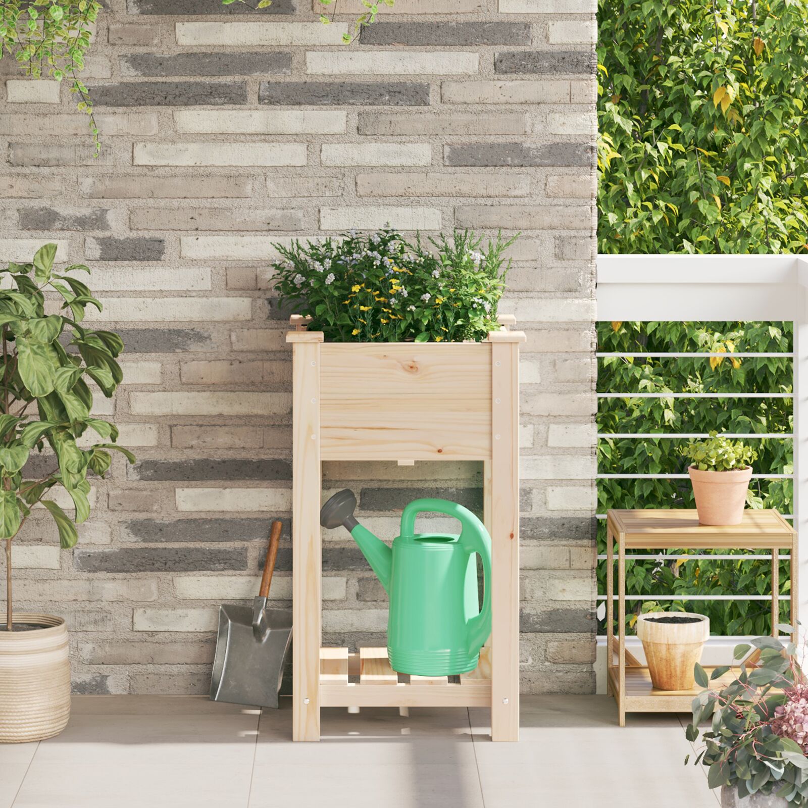 Gartenpflanzer mit Regal 45x45x76 cm aus massivem Kiefernholz
