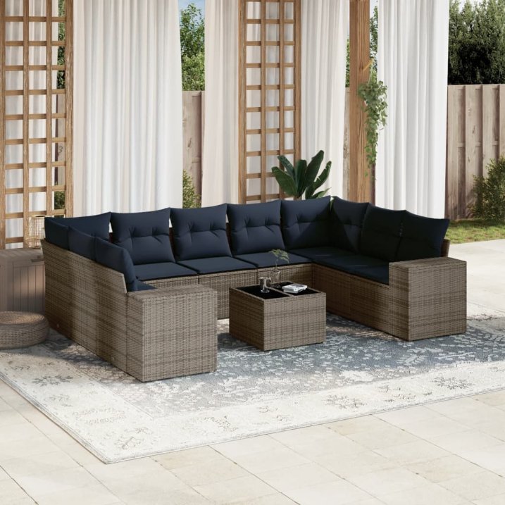 10-teiliges Gartensofa-Set mit Kissen, grau, Polyrattan 10-teiliges Gartensofa-Set mit Kissen, grau, Polyrattan