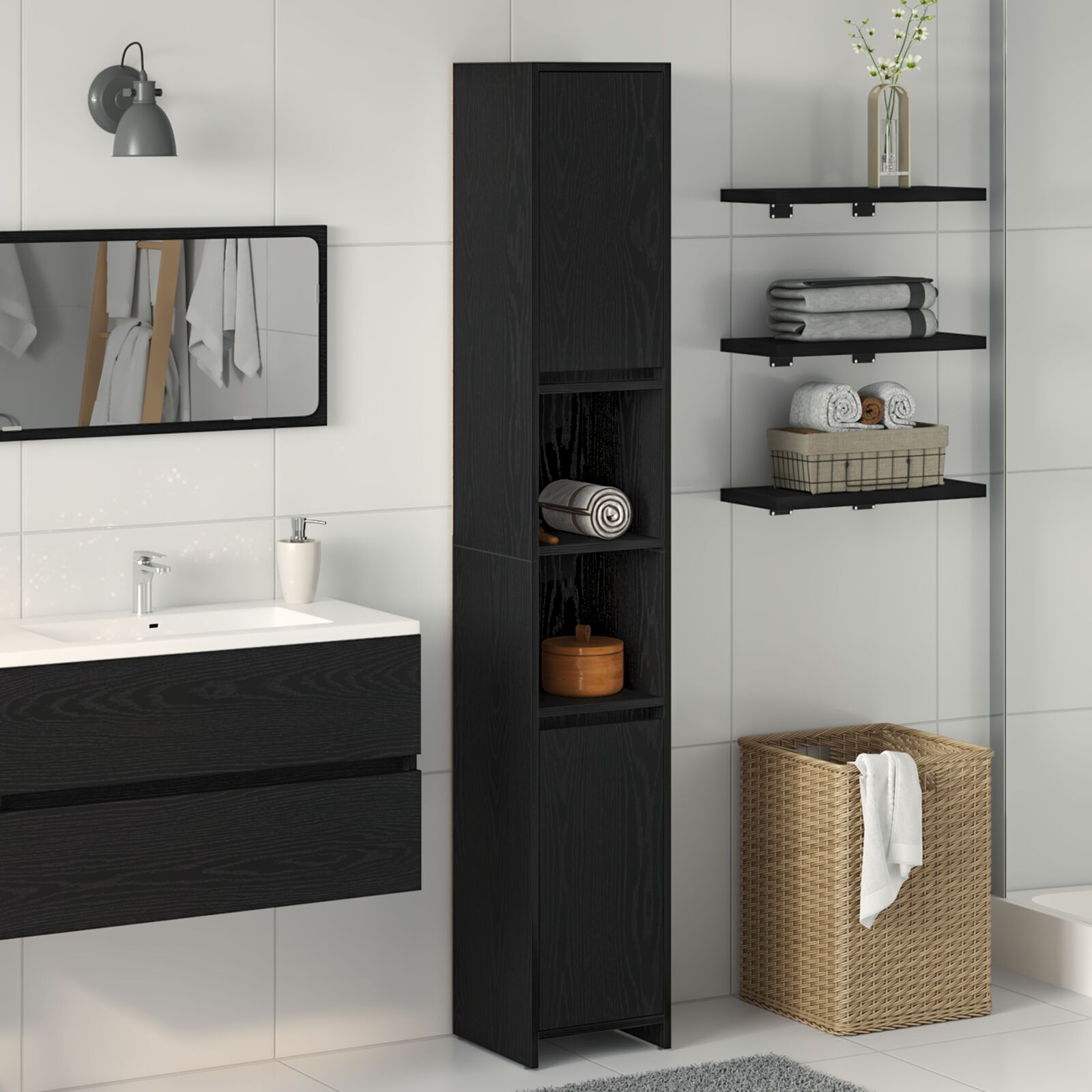 vidaXL Badezimmer Schrank Schwarz Eiche 30x30x183,5 cm Holzwerkstoff