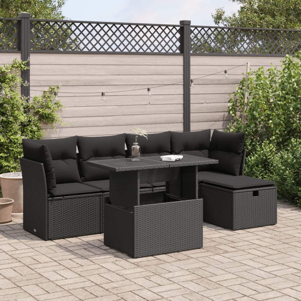 6-tlg. Garten-Sofagarnitur mit Kissen Schwarz Poly Rattan 6-tlg. Garten-Sofagarnitur mit Kissen Schwarz Poly Rattan