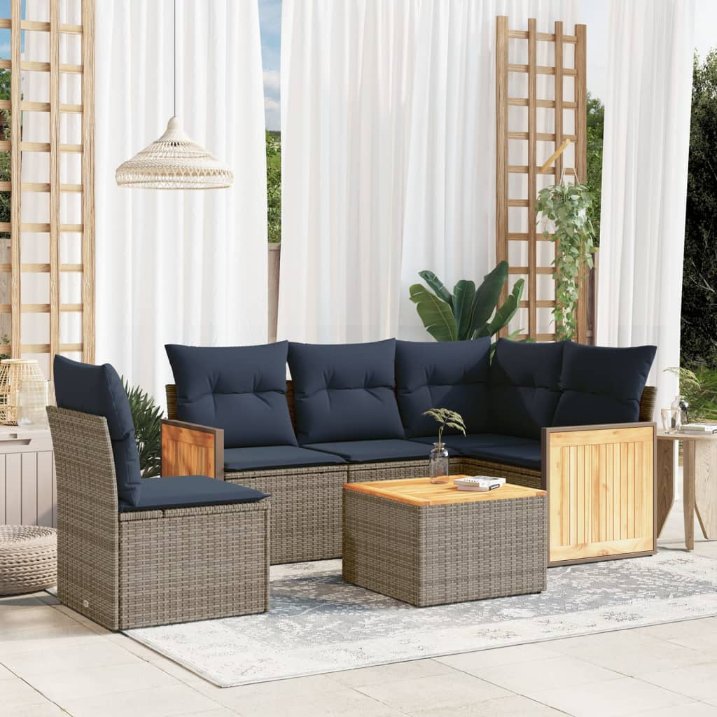 6-teiliges Gartensofa-Set mit Kissen, grau, Polyrattan 6-teiliges Gartensofa-Set mit Kissen, grau, Polyrattan