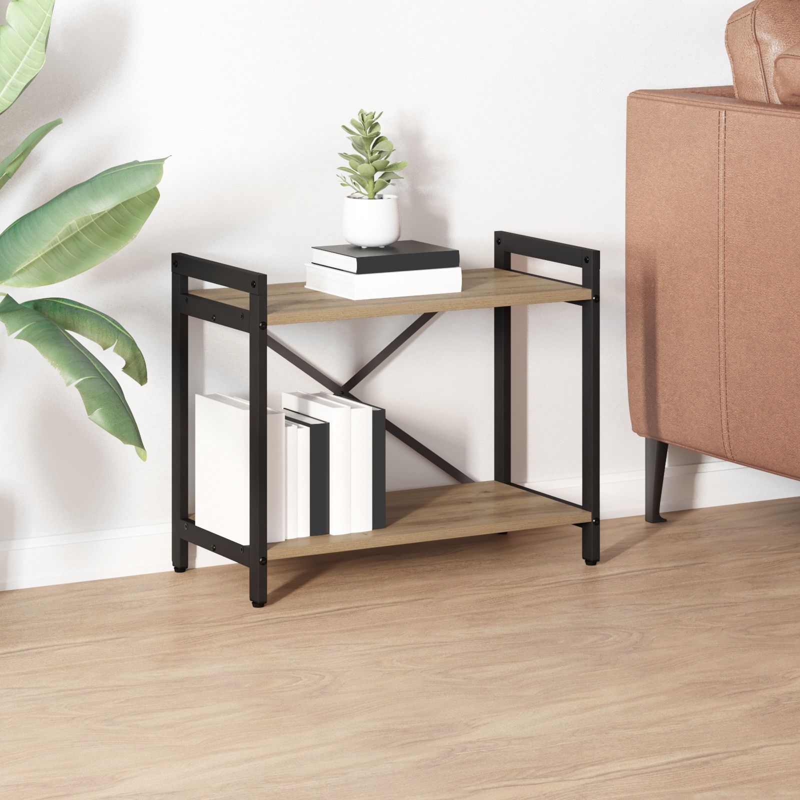 Bücherregal Eiche handwerklich 60 x 30 x 48,5 cm MDF und Stahl
