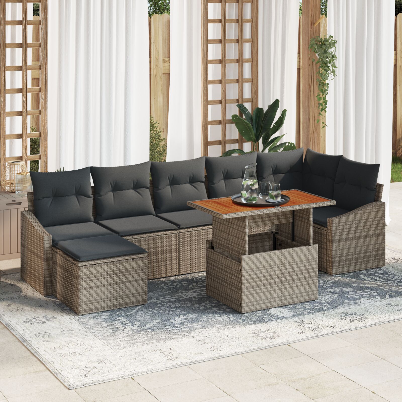 8-teilige Garten-Essgruppe mit Kissen Grau Poly Rattan Akazie 8-teilige Garten-Essgruppe mit Kissen Grau Poly Rattan Akazie